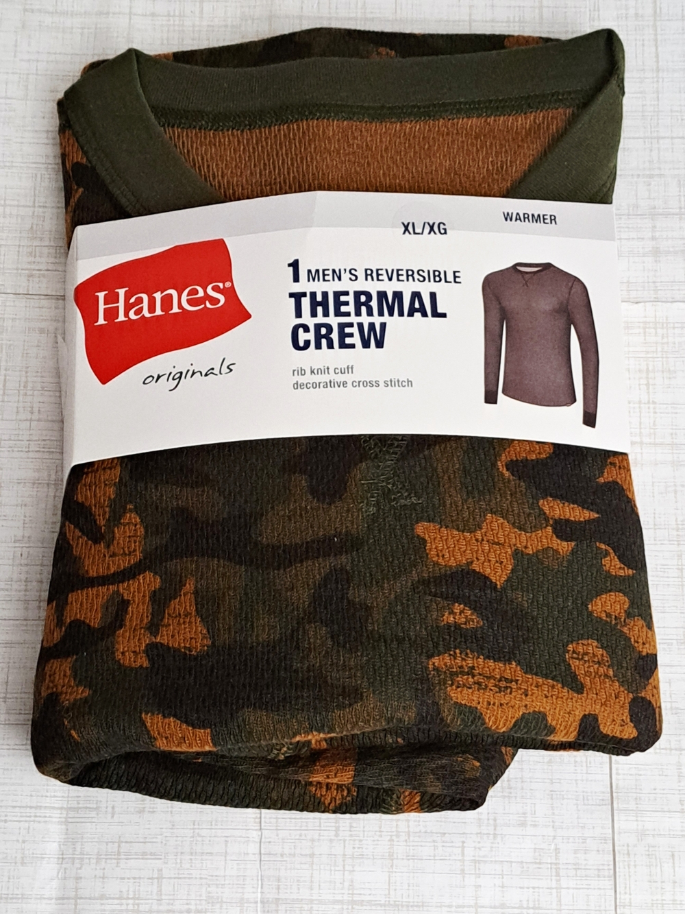 Hanes Original Men's Reversible Thermal Crew-Green & Brown Camo Long Sleeve Top